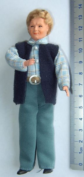 1 Flexible Doll Trucker about 14cm tall blue green trousers,