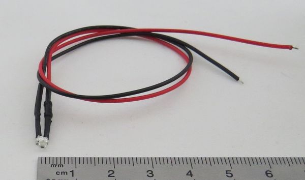 Czerwona dioda LED 1,8 mm, przezroczysta obudowa, z żyłkami ok. 25 cm, z