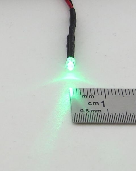 LED zielona 1,8mm, przezroczysta obudowa, z żyłkami ok. 25cm, z