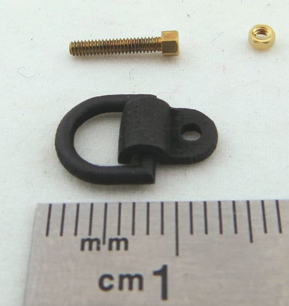 1 D-ring met bevestigingsmateriaal, messing fijngieten. 1-seiti