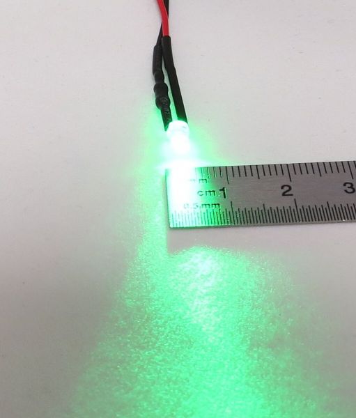 LED zielona 3mm, przezroczysta obudowa, z żyłkami ok. 25cm, z