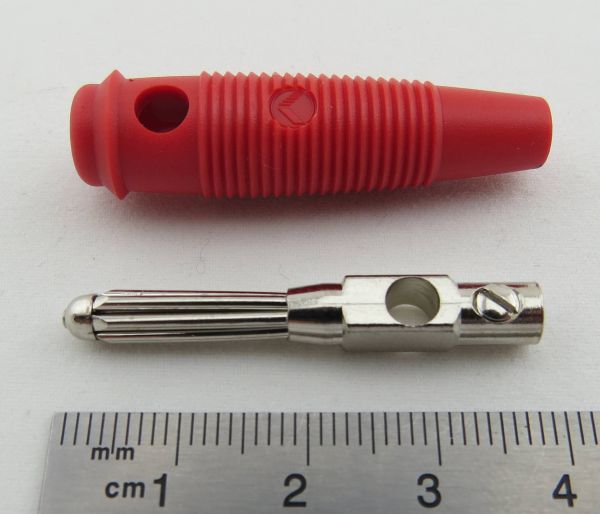 1-stekker 4mm (bananenstekker), rood, geïsoleerd. Verbinding: Sc
