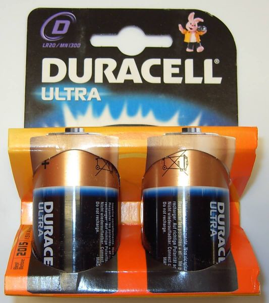 1,5 volt Duracell D-size batteries MN1300, 2er blister, LR20,