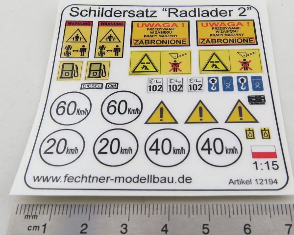 Stickerblad, zelfklevende folie Radlader2 voor schaal 1:15. P.