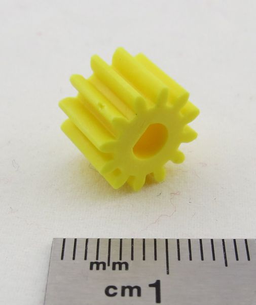 1x motor pinion 12 teeth, plastic, yellow. Gear width 8m