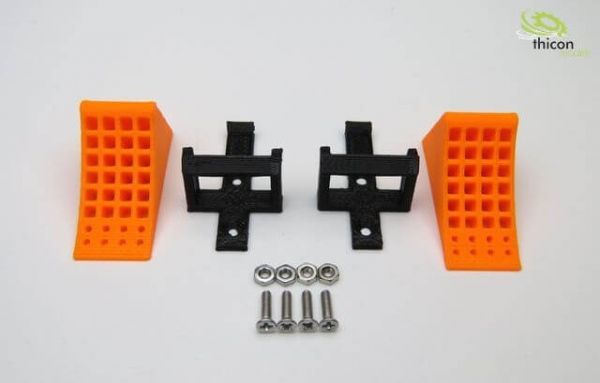 Brake shoes, bright orange, with bracket. 3D printed parts. 2 pc