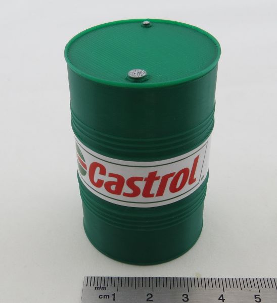 Yağ bidonu CASTROL 200l. Yükseklik yaklaşık 62 mm, çap 40 mm