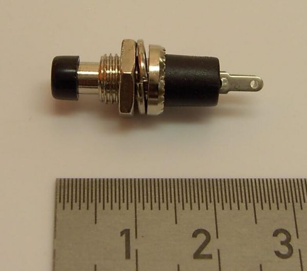 1 miniatura Pulsador, contacto de cierre, negro. Construido en 7mm
