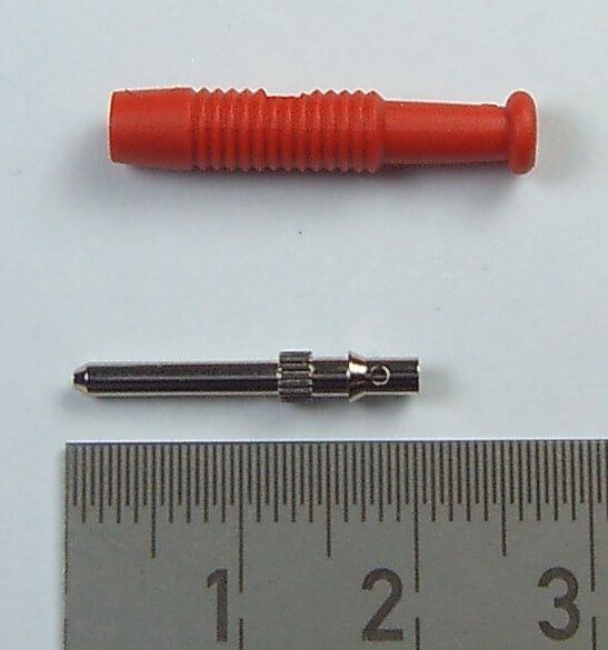 1 laboratory plug, 2mm plug contact, 1-pole. Red handle