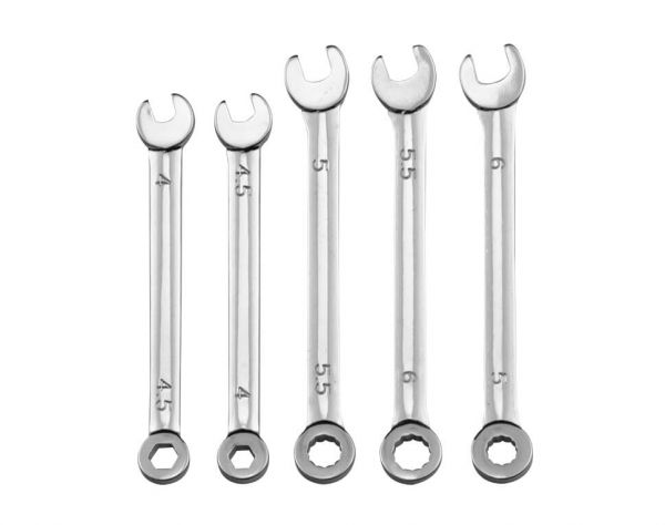Mini combination wrench, 5 pieces. (open-end/ring wrench)