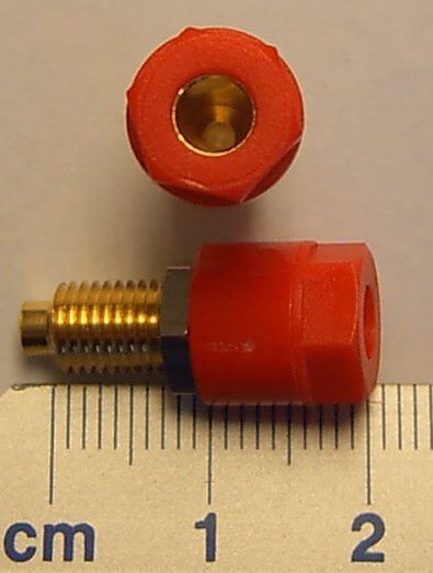 Telephone jack, red, gold, solder connection, for 4mm